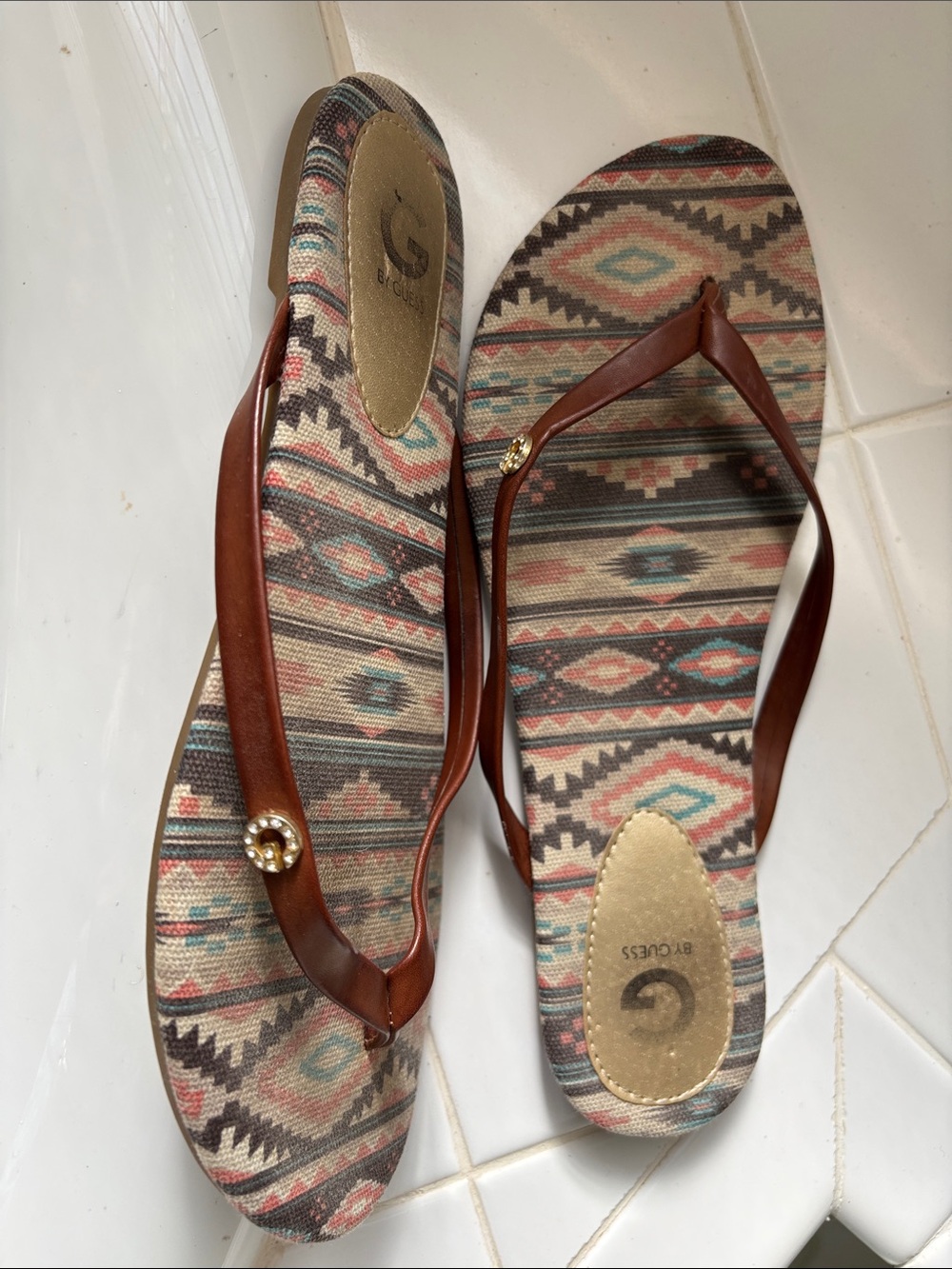 G by Guess Brown Flip-Flop Sandals with Multicolor Aztec Pattern